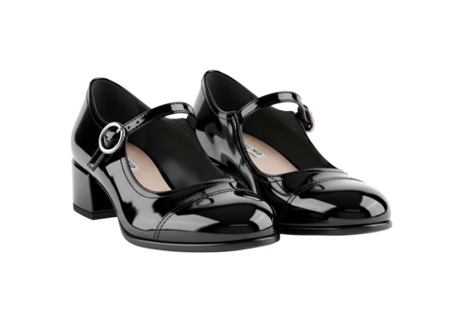 Pair of black patent leather mary jane shoes isolated on transparent background these classic shoes feature a round toe, block heel, and buckle strap