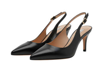 Pair of black leather slingback heels isolated on transparent background these elegant shoes feature a pointed toe, stiletto heel, and adjustable strap