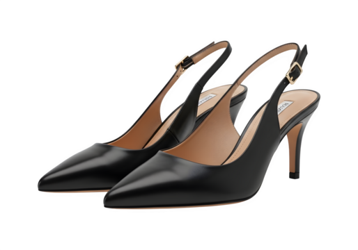 Pair of black leather slingback heels isolated on transparent background these elegant shoes feature a pointed toe, stiletto heel, and adjustable strap