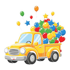 Yellow cartoon truck filled with colorful balloons and stars graphic design isolated on a transparent background