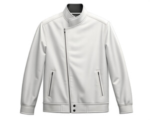 White leather jacket with a modern design, featuring a high collar and zippered pockets. Isolated on a transparent background for mockup use.