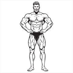 Monochrome Depiction of a Muscular Bodybuilder Posing Confidently with Imposing Physique and Detailed Muscle Definition, Exhibiting Strength and Dedication
