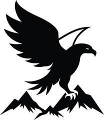 Fototapeta premium Black Eagle Silhouette Soaring Over Mountains Logo Design