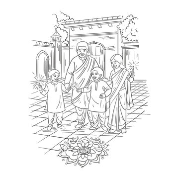 family celebrating diwali with sparklers clip art preview