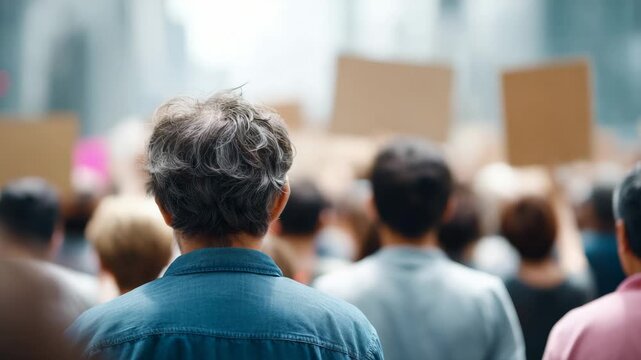 Diverse crowd gathering in urban setting, holding protest signs and advocating for immigration reform, social justice, and human rights with peaceful collective expression