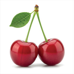 A Pair of Ripe Cherries with Vibrant Red Skin and a Fresh Green Leaf Attached on a White Backdrop