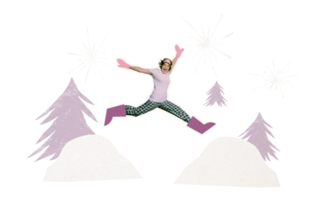 Composite creative art collage of happy girl wear pajamas jump snowdrift winter park atmosphere eve jolly isolated on painted background