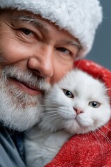 Obraz premium Caucasian elderly male with white beard holding cat in santa hat, smiling festively