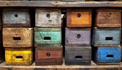 Wooden painted boxes in a display