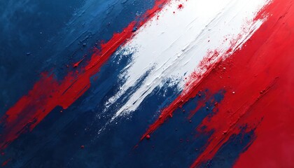 Dynamic abstract illustration in red, white, and navy blue paint strokes. Features textured, vibrant, bold brushwork creating energetic graphic background with modern, contemporary style and motion.