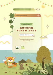 Autumn poster with cute animal illustration and retro computer pop up window