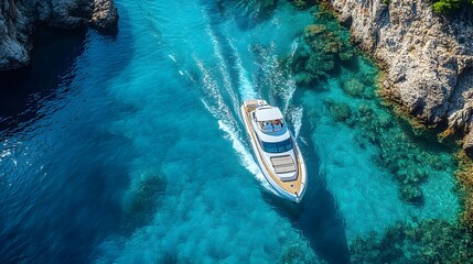 Luxury boat cruising over clear blue waters near rocky coastline during sunny day