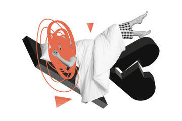 Creative photo collage sleeping girl insomnia oversleep nightmare insomnia blanket nightwear pajama...