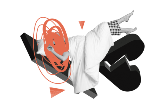 Creative photo collage sleeping girl insomnia oversleep nightmare insomnia blanket nightwear pajama psychology issues sleeplessness