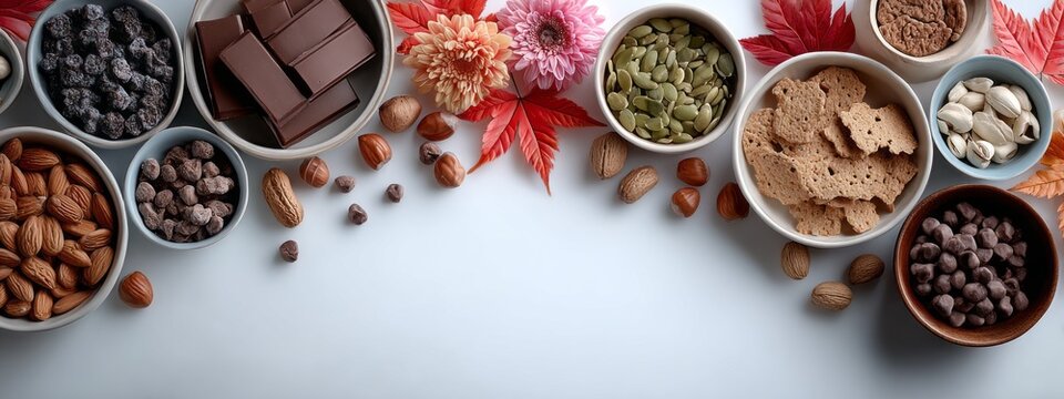 Display of various snacks and nuts arranged on a table with autumn leaves and flowers in a cozy setting