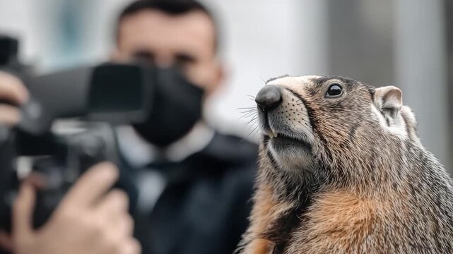 A groundhog holding a camera, great for wildlife or nature photography concepts