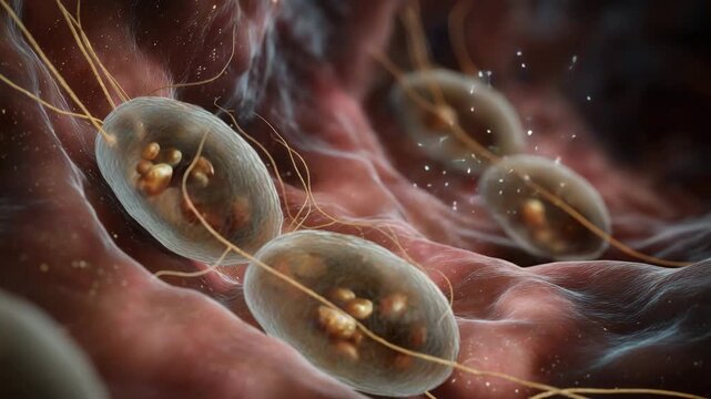A close up of a bunch of small brownish colored balls. The balls are connected by a string. Realistic illustration of fly larvae developing inside human tissue, Myiasis medical educational concept