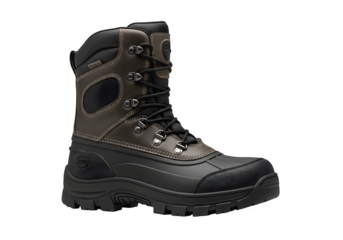 Durable brown and black winter boot isolated on transparent background, designed for warmth, protection, and traction in cold and snowy weather conditions