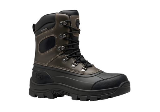 Durable brown and black winter boot isolated on transparent background, designed for warmth, protection, and traction in cold and snowy weather conditions