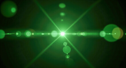 Futuristic lens flare overlay with glowing green light on black background, symmetrical abstract...