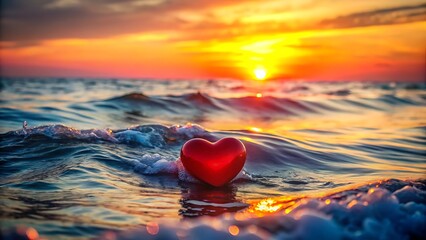 A vibrant sunset over the ocean with a red heart in the foreground