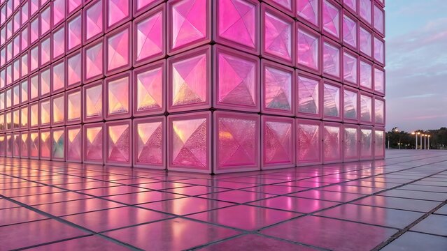 A strikingly pink modern building facade with reflective glass panels - Powered by Adobe