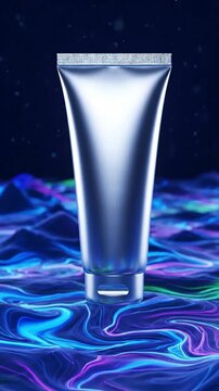 Silver Cosmetic Tube Sits on a Wavy, Colorful, Dark Blue Surface, Repeated Four Times