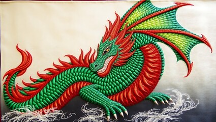 Embroidered green and red dragon on a white canvas