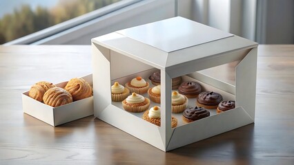 Delicious assorted cupcakes elegantly presented in white cardboard boxes