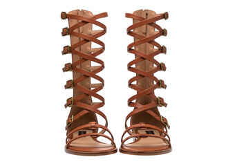 Pair of brown gladiator sandals isolated on transparent background, featuring multiple straps and buckles, evoking ancient roman style and summer fashion