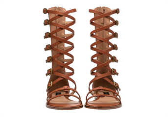 Pair of brown gladiator sandals isolated on transparent background, featuring multiple straps and buckles, evoking ancient roman style and summer fashion