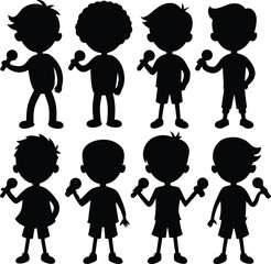 Silhouette Boys Holding Microphones: Vector Illustration Set