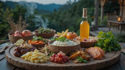 Colorful Outdoor Food Spread With Fresh Ingredients And A Scenic Mountain View