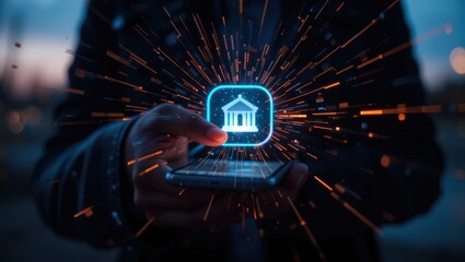 Person Holding Smartphone with Digital Banking Icon Surrounded by Sparks in Evening