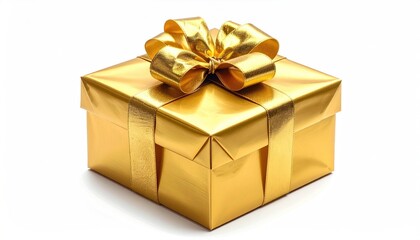 Obraz premium Gold Wrapped Gift Box with Shiny Golden Ribbon Isolated on White Background Festive Surprise Celebration Present Concept