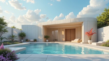 Modern Architectural Design Featuring a Serene Swimming Pool Surrounded by Lush Garden and Blue Sky