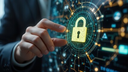 Close Up of a Hand Interacting with a Digital Lock Icon on a Cybersecurity Interface
