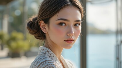 Portrait of a Young Woman with Natural Makeup in an Outdoor Setting by a Water Surface