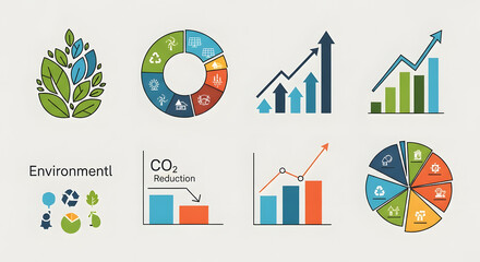 Fototapeta premium Green business data visualization set featuring ecology icons, sustainability charts, CO2 reduction graphs, and analysis elements