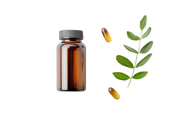 A brown glass bottle with supplements, surrounded by green leaves and capsules on a white isolated background.