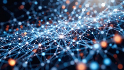Abstract Digital Network Connections with Blue and Orange Nodes on a Dark Background