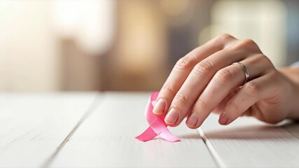 Woman's hand holding pink ribbon on white table. close-up banner with copy space. breast cancer awareness symbol. health care, charity, and support campaign