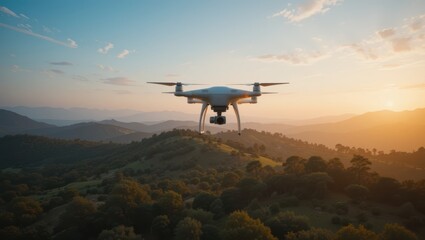 Aerial View of Technology Drone Flying Above Scenic Mountains at Sunset with Vibrant Sky