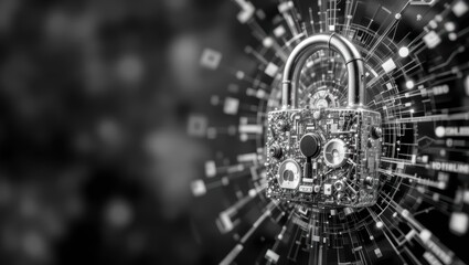 Abstract Representation of a Digital Lock with Security Symbols and Data Streams Surrounding It