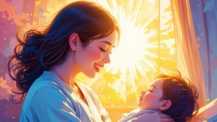 Mother Holding Her Baby in Warm Sunlight at Home During a Beautiful Afternoon