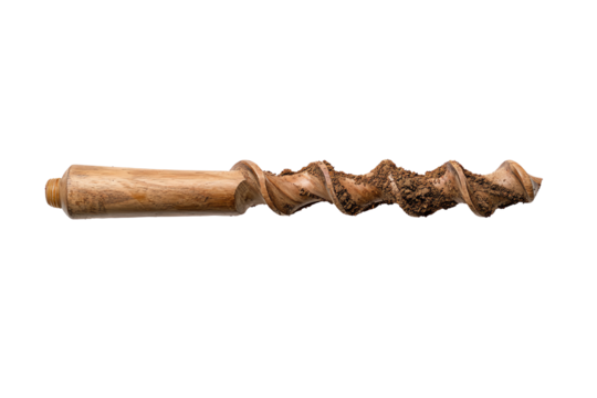 A detailed view of a wooden drill bit, showcasing its unique spiral design against a white isolated background.