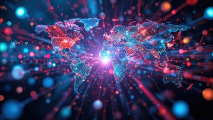 Abstract Digital World Map with Colorful Lights and Data Connections in Global Network