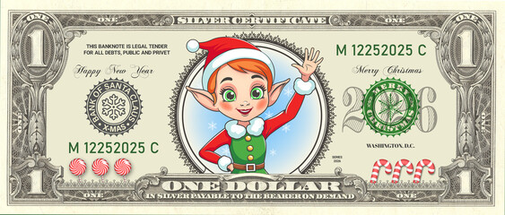 Cartoon comical game holiday banknote, denomination of 1 US dollar, silver certificate. Obverse. Toon pretty young lady girl elf. Merry Christmas and Happy New Year. 2026. Illustration