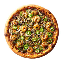 Delicious Seafood Pizza Topped with Shrimp, Mushrooms, and Jalapeños on a Crispy Crust