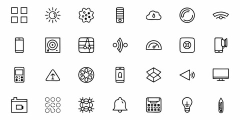 Collection of various user interface icons representing different functionalities and features in black and white